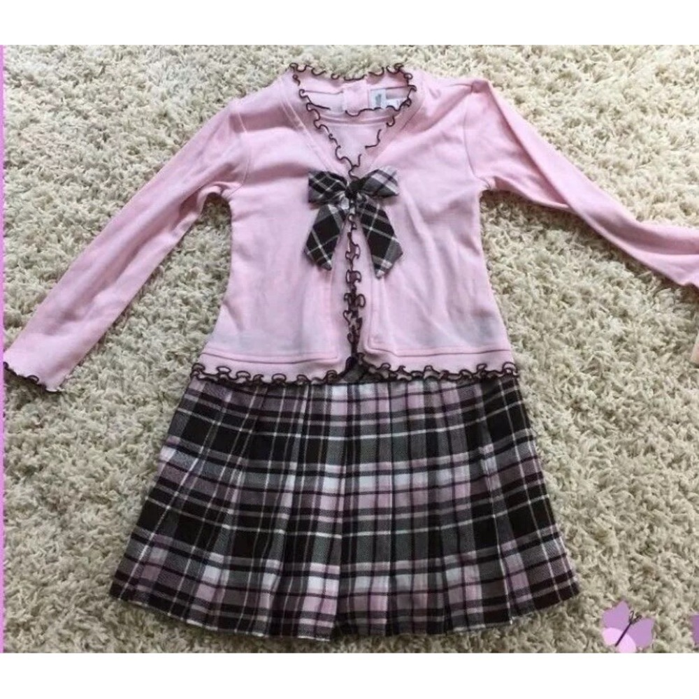 Youngland Girls Dress 5 New with Tags Pink Brown Pleated Plaid Ruffled School
